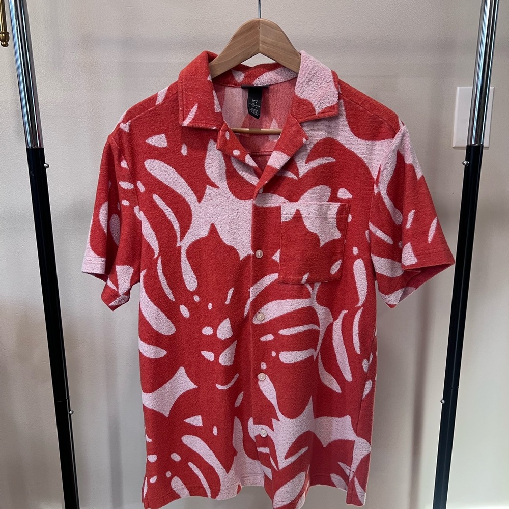 H&M Orange Terrycloth Tropical Short-Sleeve Button-Down Shirt